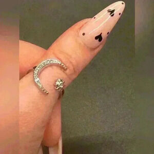 Moon and Star adjustable open silver tone ring ✨